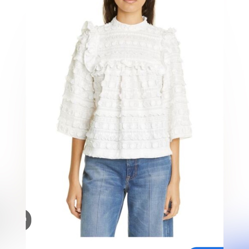 Smythe 3D White Embroidered A-Line Blouse. Sz XS. NWT.